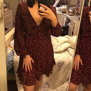 [SOLD] Burgundy ruffle hem wrap dress long sleeve